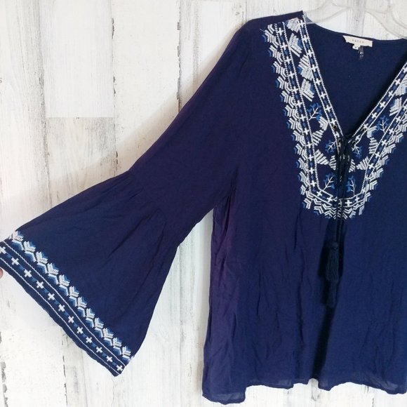 entro Tops - Small Navy Embroidered Tunic Top Bell Sleeves Boho